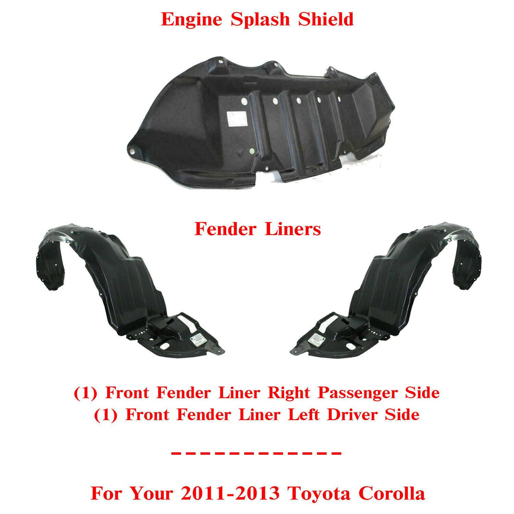 Front  Engine Splash Shield + Fender Liner RH + LH For 2011-2013 Toyota Corolla