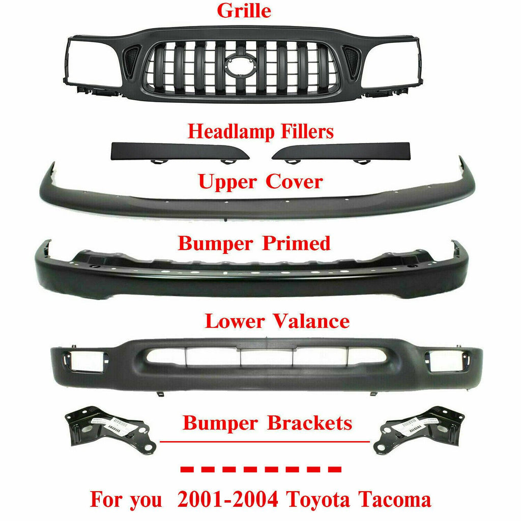 Front Bumper Primed Kit With Brackets +Grille+Filler For 2001-2004 Toyota Tacoma