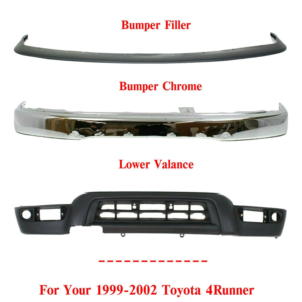 Front Bumper Chrome + Filler + Valance For 1999-2002 Toyota 4Runner Base SR5