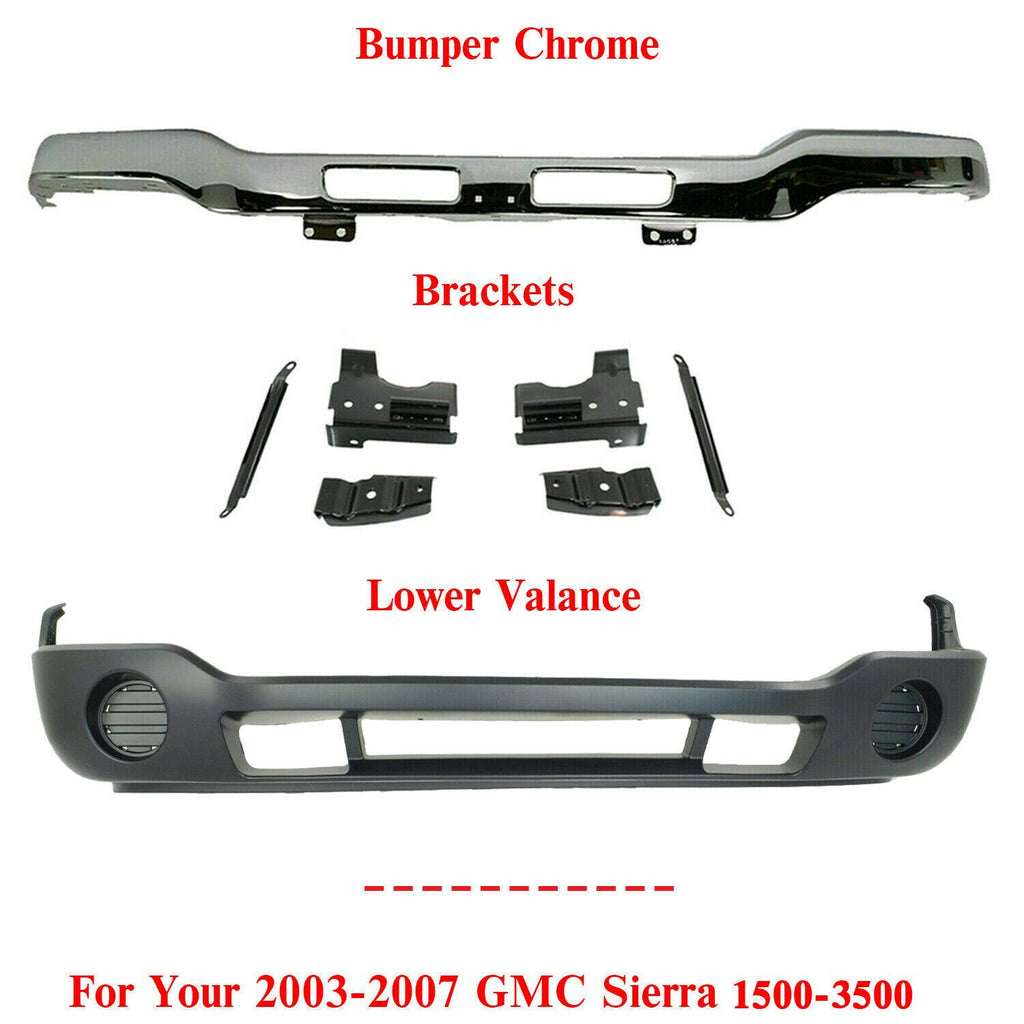 Front Chrome Steel Bumper w/ Brackets + Valance For 03-07 GMC Sierra 1500 - 3500