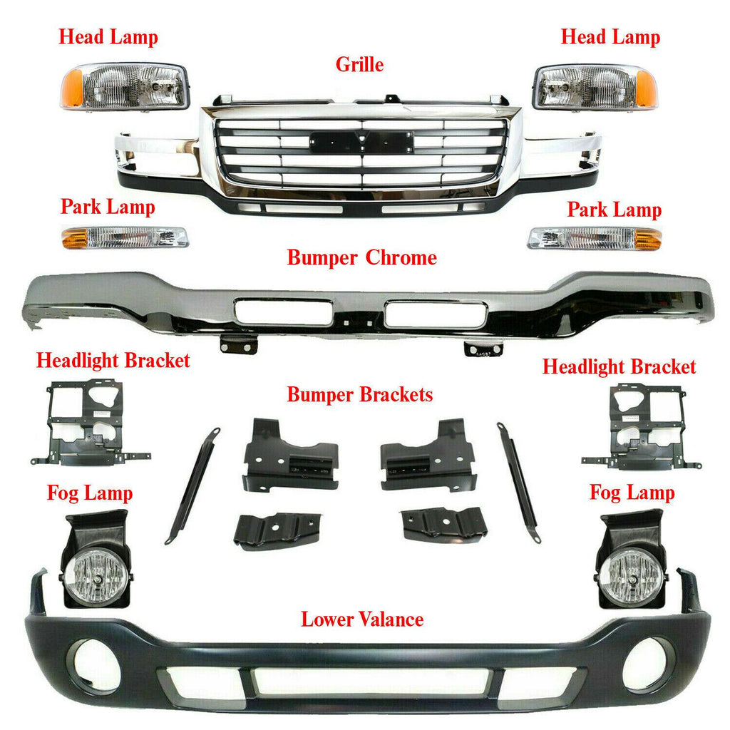 Front Bumper with Brackets Kit + Grille+Fog for 2003-2006 GMC
