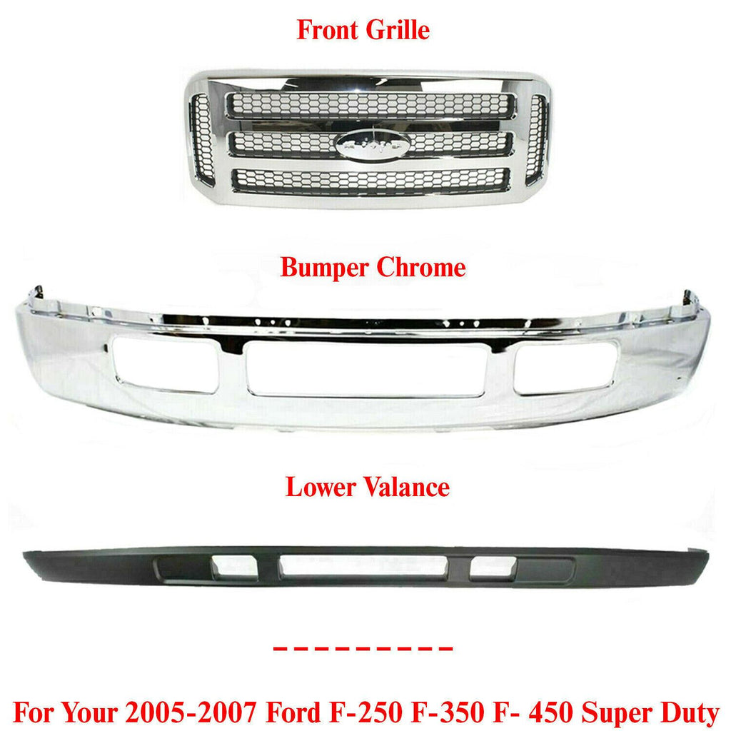 Front Bumper Chrome + Grille + Low Valance For 2005-2007 Ford F250 F350 F450-SD