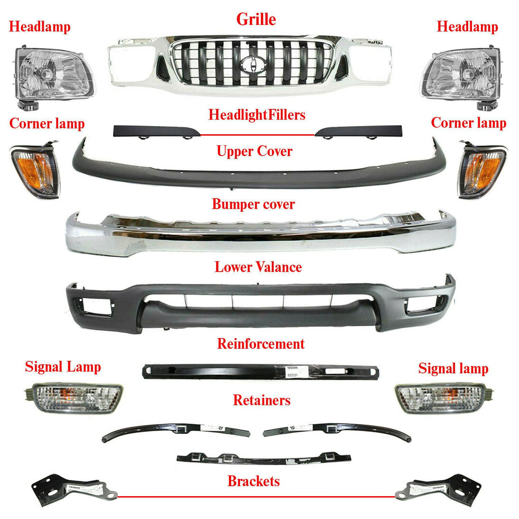 Front Bumper Chrome Kit+Brackets+Retainer+Lamps Set For 2001-2004 Toyota Tacoma