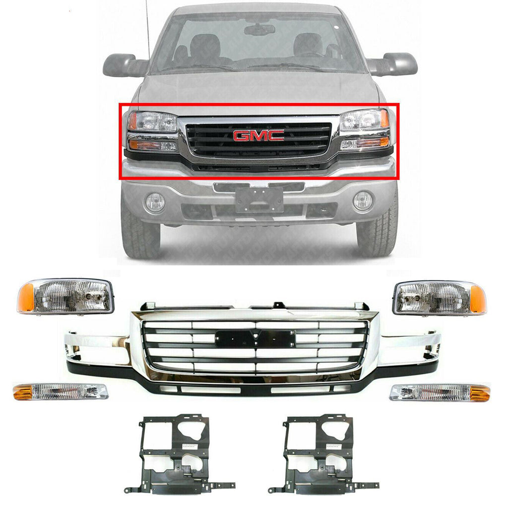 Headlights + Park Lights + Grille Panel + Bracket For 2003-06 Sierra 2500HD 3500