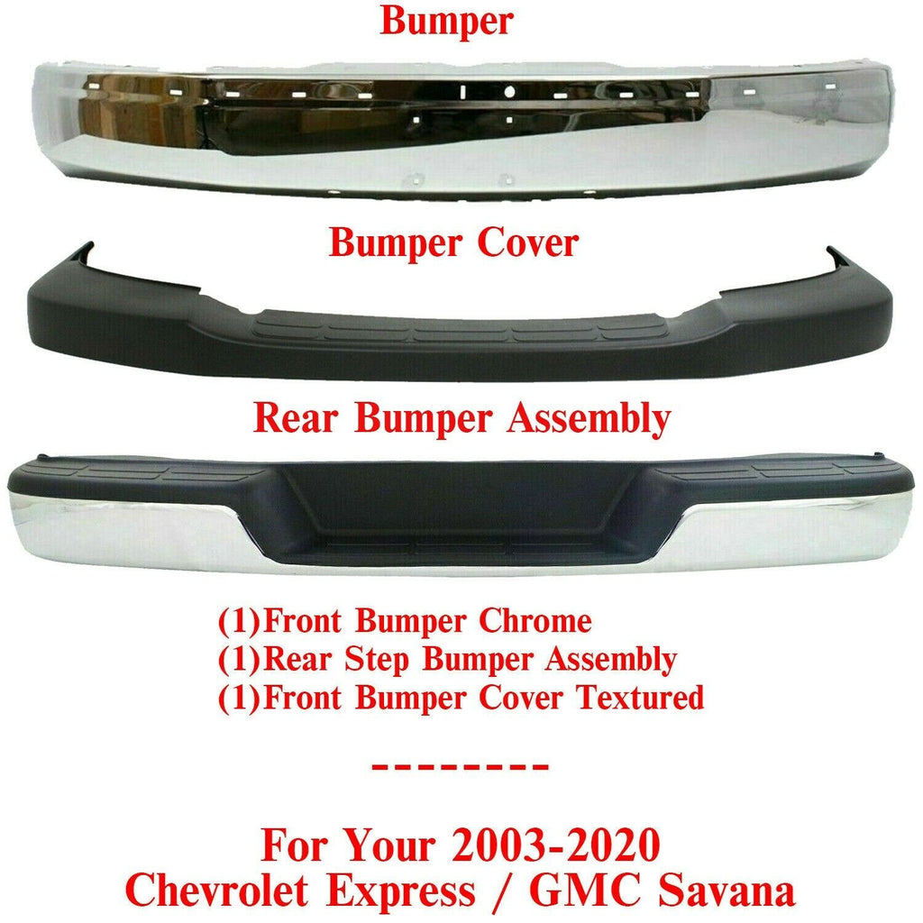 Front Bumper & Upper Cover+ Rear Bumper For 2003-2020 Chevy Express / GMC Savana