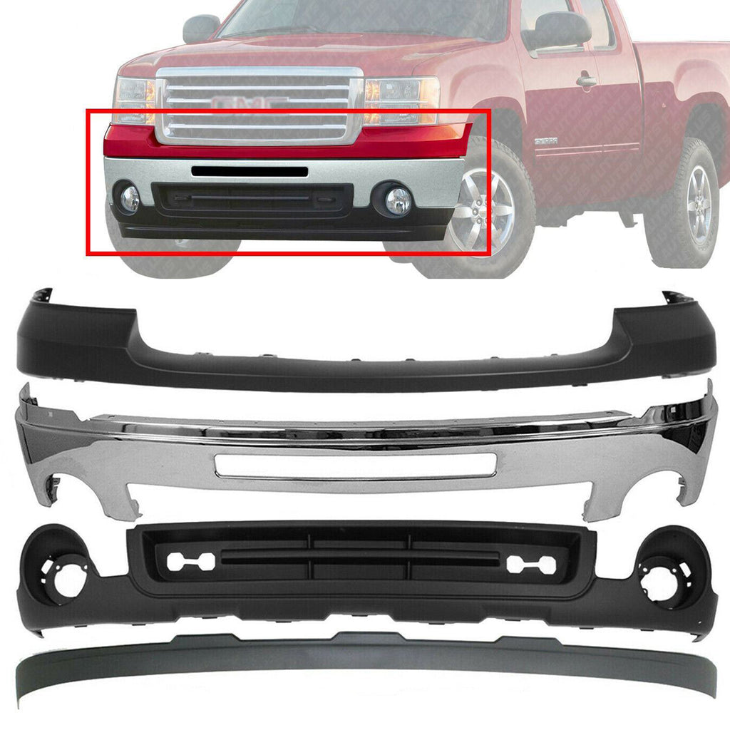 Front Bumper Chrome Steel Complete Kit For 2007 - 2013 GMC Sierra 1500 Pickup