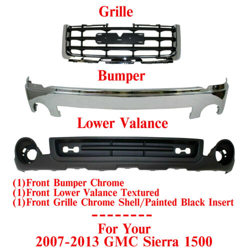 Front Bumper Chrome Steel + Grille + Valance For 2007-2013 GMC Sierra 1500