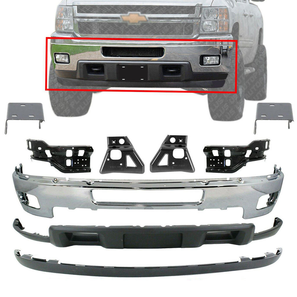 Front Bumper Chrome Steel Kit With Brackets For 2011-2014 Silverado 2500HD 3500