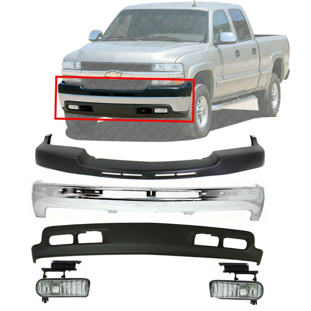 Front Bumper+Upper Cap+Valance +Fog lights For 2001-2002 Silverado 2500HD 3500HD