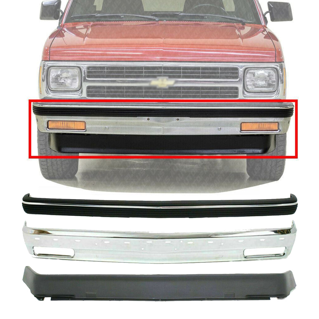 Front Chrome Bumper + Strip Molding + Valance For 91-93 Chevy S10 Pickup/ Blazer