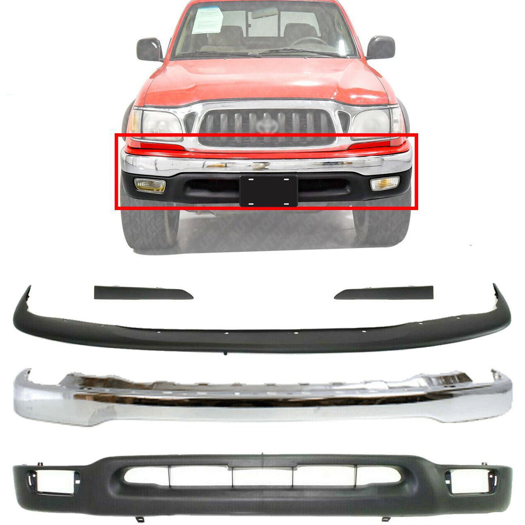 Front Bumper Chrome+ Upper Cover+Valance +Filler For 2001-2004 Toyota Tacoma 2WD