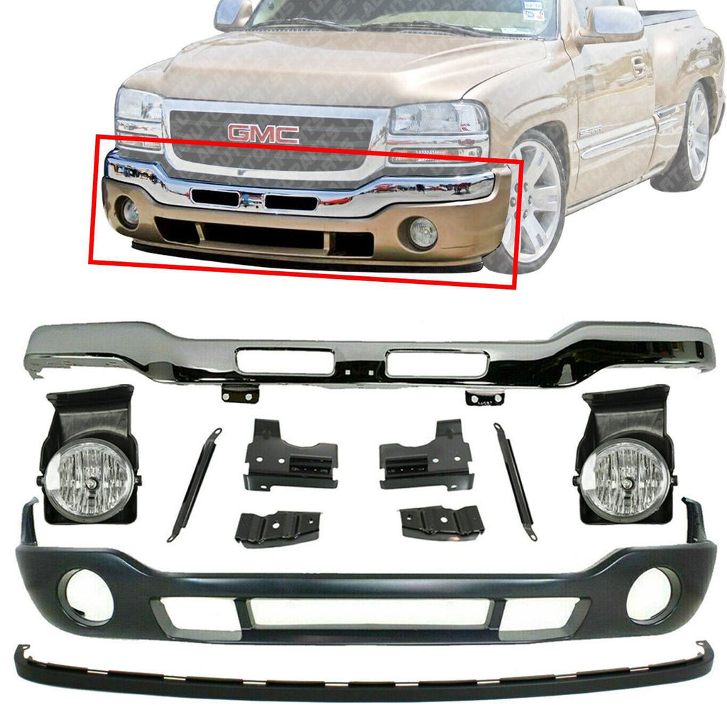 Front Bumper Chrome w/ Bracket+Valance+Extension+Fog Lamps For 2003-06 GMC Siera