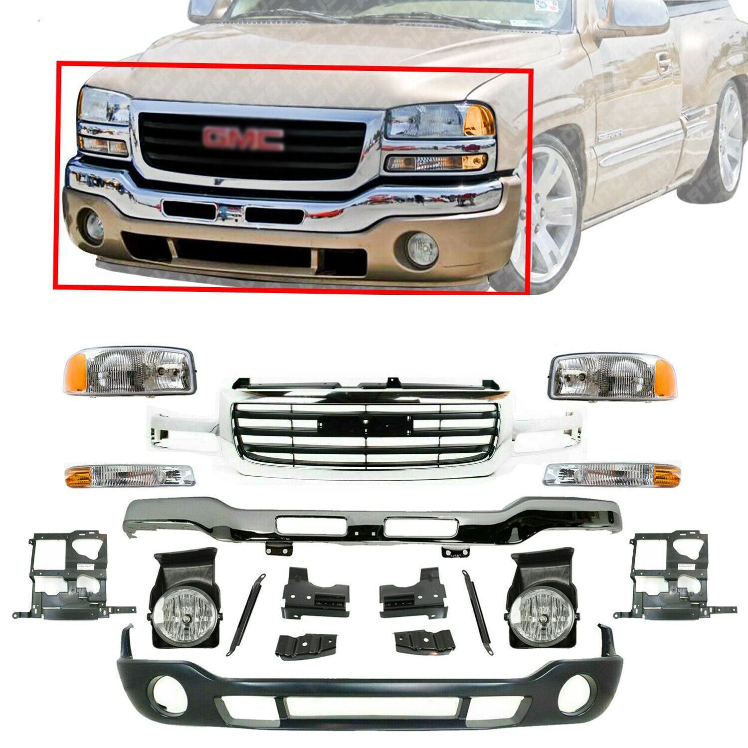 Front Chrome Bumper Kit with Brackets For 2003-2006 GMC Sierra
