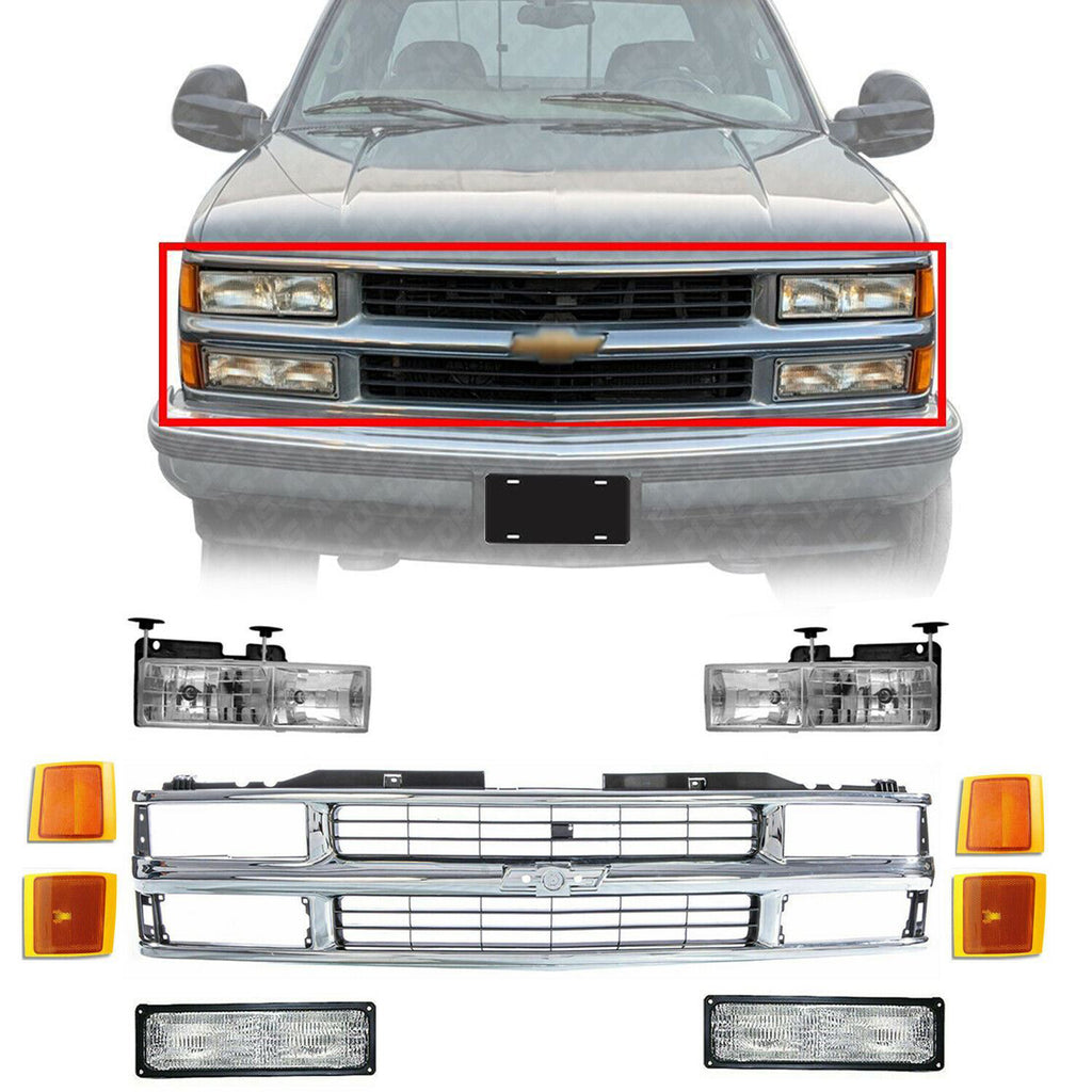 Front Grille Chrome + Head & Signal Light + Reflector For 95-99 Chevy C/K Series