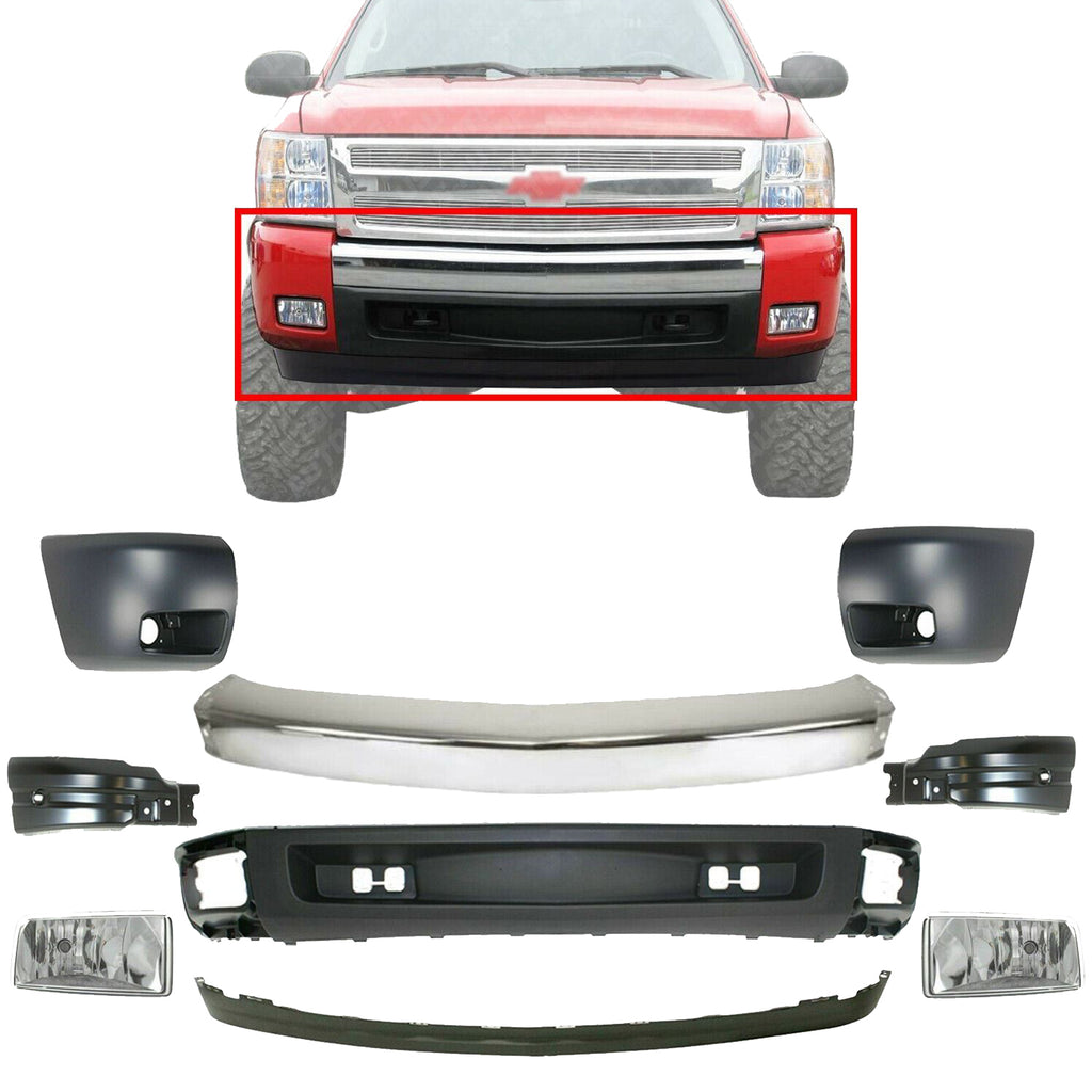 Front Chrome Bumper Steel + Valance+Ends+ Fog for 2007-2013 Chevy Silverado 1500