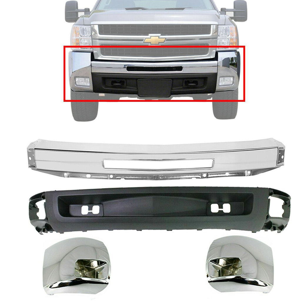 Front Bumper Chrome+Valance+End Caps For 2007-2010 Chevy Silverado 2500HD 3500