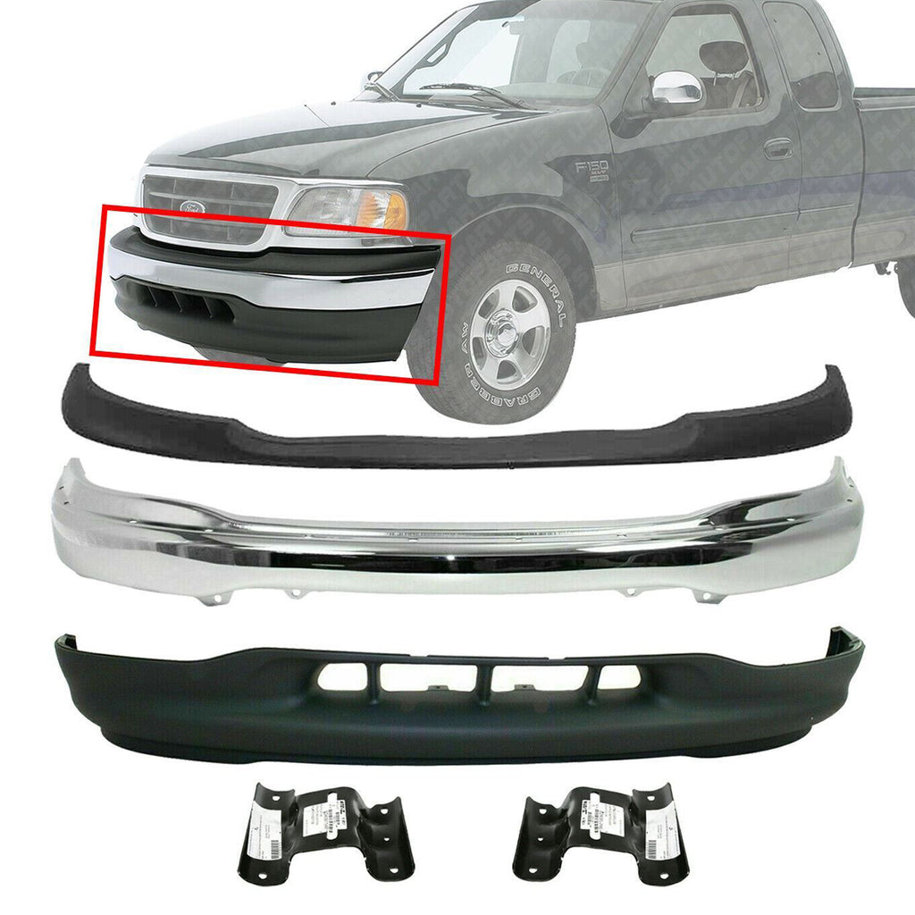 Front Chrome Bumper Steel Kit + Mounting Brk For 1999-2003 Ford F150 2WD