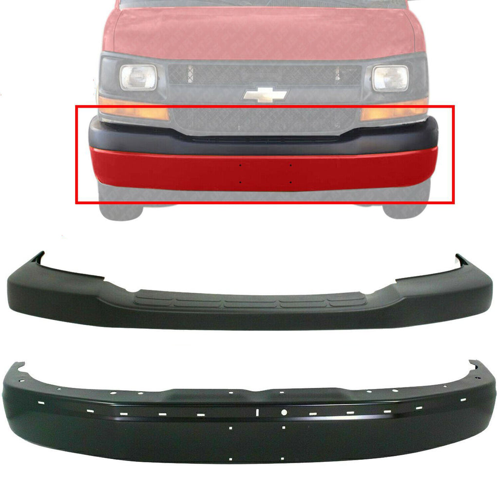Front Primed Bumper Steel + Upper Cover For 03-17 Chevy Express / GMC Savana Van