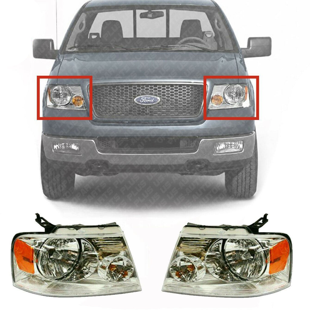 Front Headlamps With Chrome Trim Driver & Passenger Sid For 2004-2008 Ford F-150