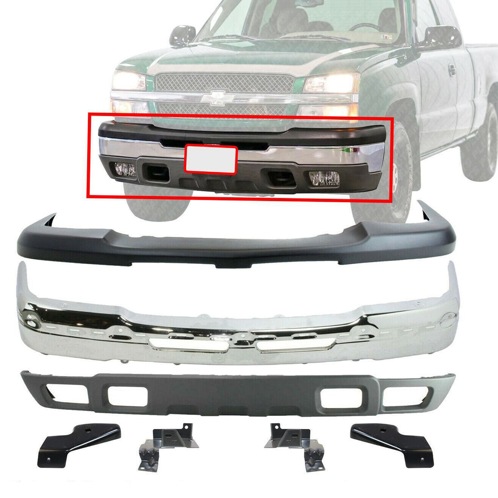 Front Chrome Bumper Steel+Valance+Upper+Brackets For 03-06 Chevy Silverado 1500