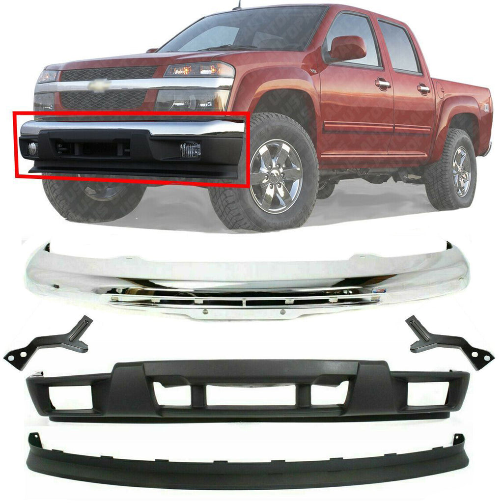 Front Bumper Chrome + Brackets + Valance + Extension For 04-12 Colorado / Canyon