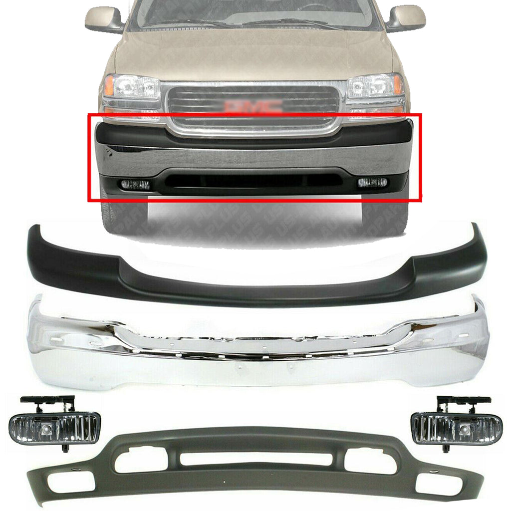 Front Bumper Chrome + Cover + Lower + Lights For 99-02 GMC Sierra / 00-06 Yukon