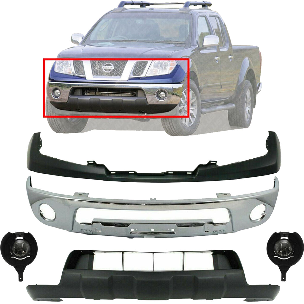 Front Bumper Chrome + Cover + Valance + Foglamps For 2009-2017 Nissan Frontier