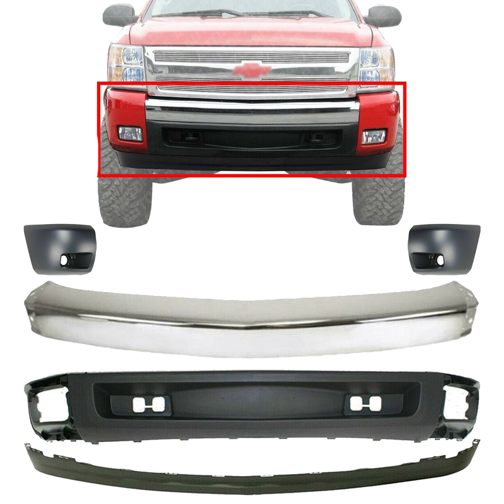 Front Bumper Chrome + Ends + Valance + Extension For 2007-2013 Chevrolet 1500