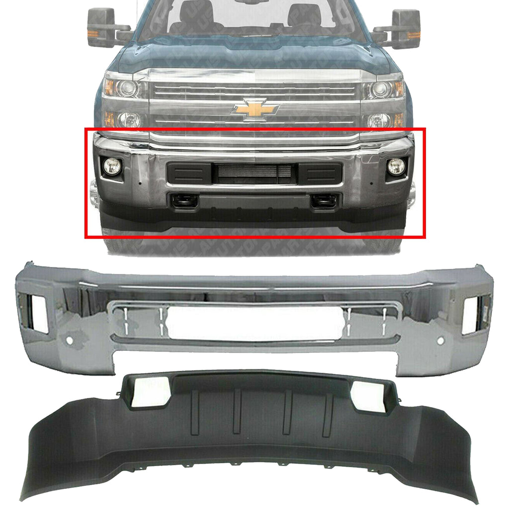 Front Bumper Chrome Kit + Fog Lights For 2011-2014 Chevy Silverado 2500HD  3500HD