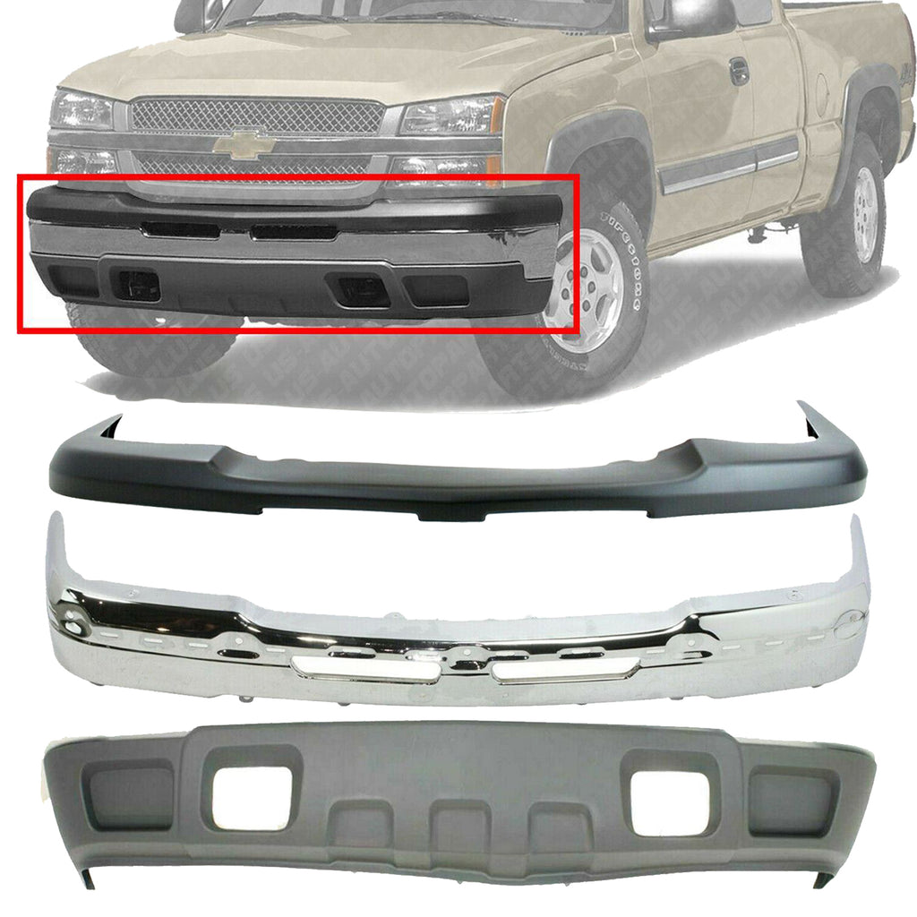 Front Bumper Chrome + Lower Valance + Upper Cover For 03-06 Chevy Silverado 1500