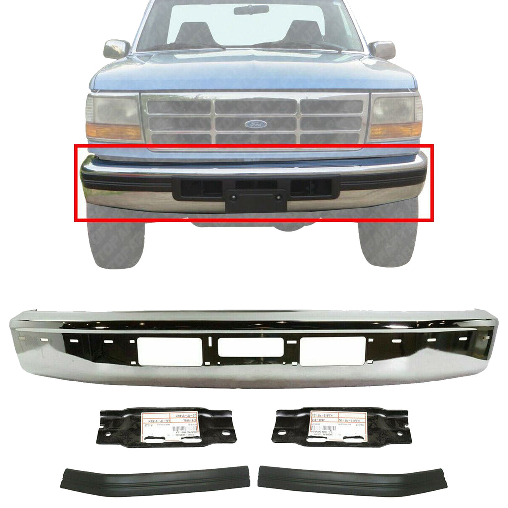 Front Bumper Chrome + Molding + Brackets For 92-96 Ford Bronco/ 92-97 F-150-F-350