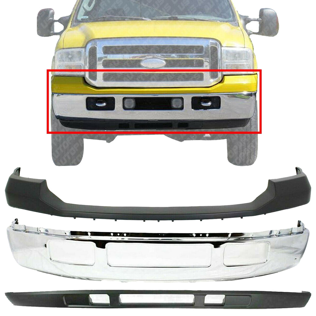 Front Bumper Chrome + Upper + Lower For 2005-2007 Ford F-250 F-350 Super Duty