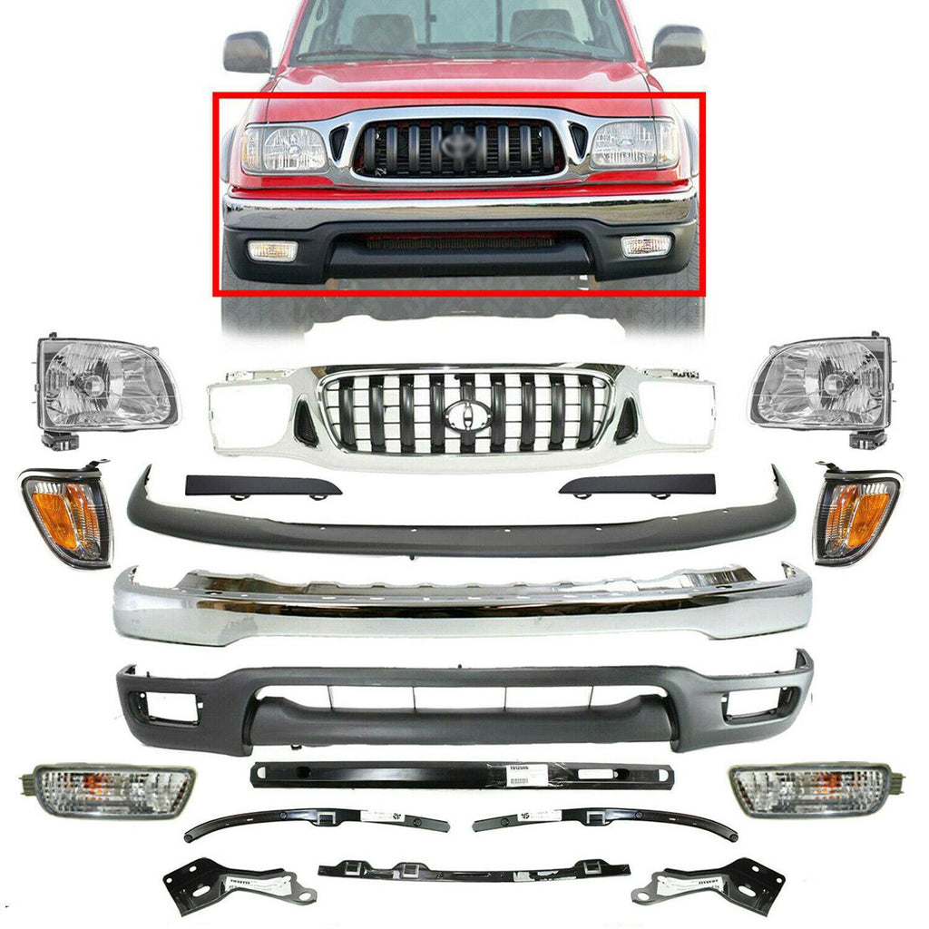 Front Bumper Chrome Kit+Brackets+Retainer+Lamps Set For 2001-2004 Toyota Tacoma