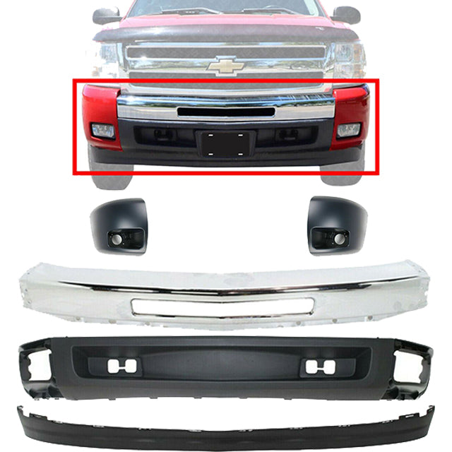 Front Bumper Chrome + Valance + End Cap Kit For 2007-2013 Chevy Silverado 1500