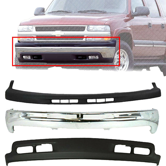 Front Bumper Chrome + Valance + Filler For 99-02 Silverado 1500 / Tahoe Suburban