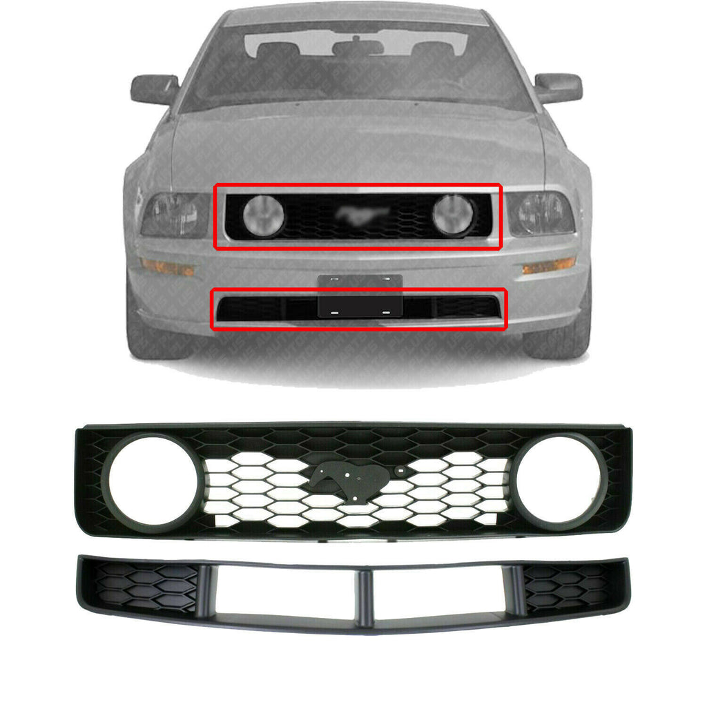 Front Bumper Lower & Upper Grille Textured For 2005-2009 Ford Mustang GT