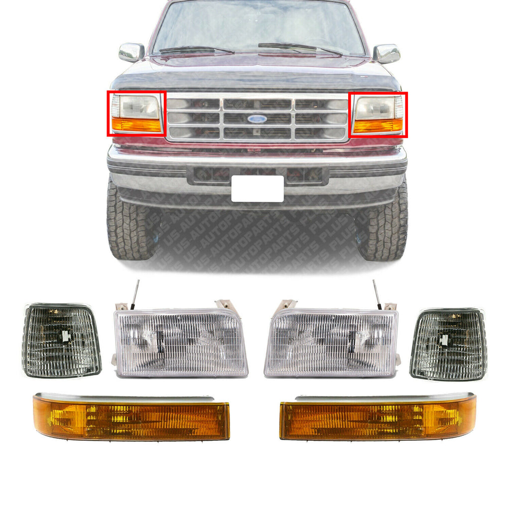 Front Headlights Pair Fits For 92-96 Ford F150/92-97 F250/92-1996 Bronco 6-Piece