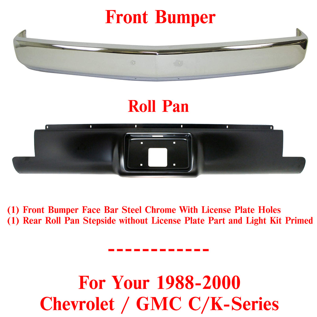 Front Bumper Chrome Steel With License Plate Holes + Rear Roll Pan Stepside without License Plate Part and Light Kit Primed For 1988-1998 Chevrolet & GMC C/K Series