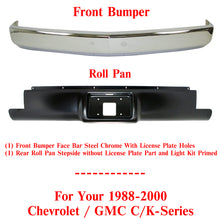 Load image into Gallery viewer, Front Bumper Chrome Steel With License Plate Holes + Rear Roll Pan Stepside without License Plate Part and Light Kit Primed For 1988-1998 Chevrolet &amp; GMC C/K Series