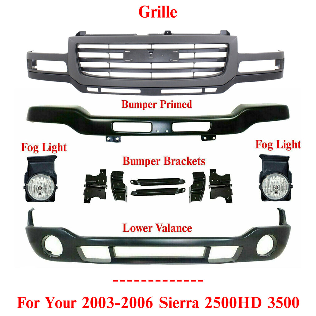Front Grille + Bumper with Brackets + Lower Valance + Fog Lights Assembly For 2003-2006 GMC Sierra 2500HD 3500