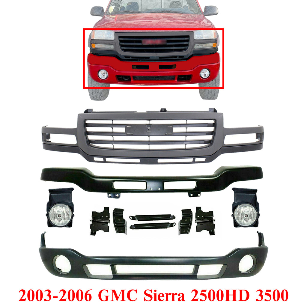 Front Grille + Bumper with Brackets + Lower Valance + Fog Lights Assembly For 2003-2006 GMC Sierra 2500HD 3500