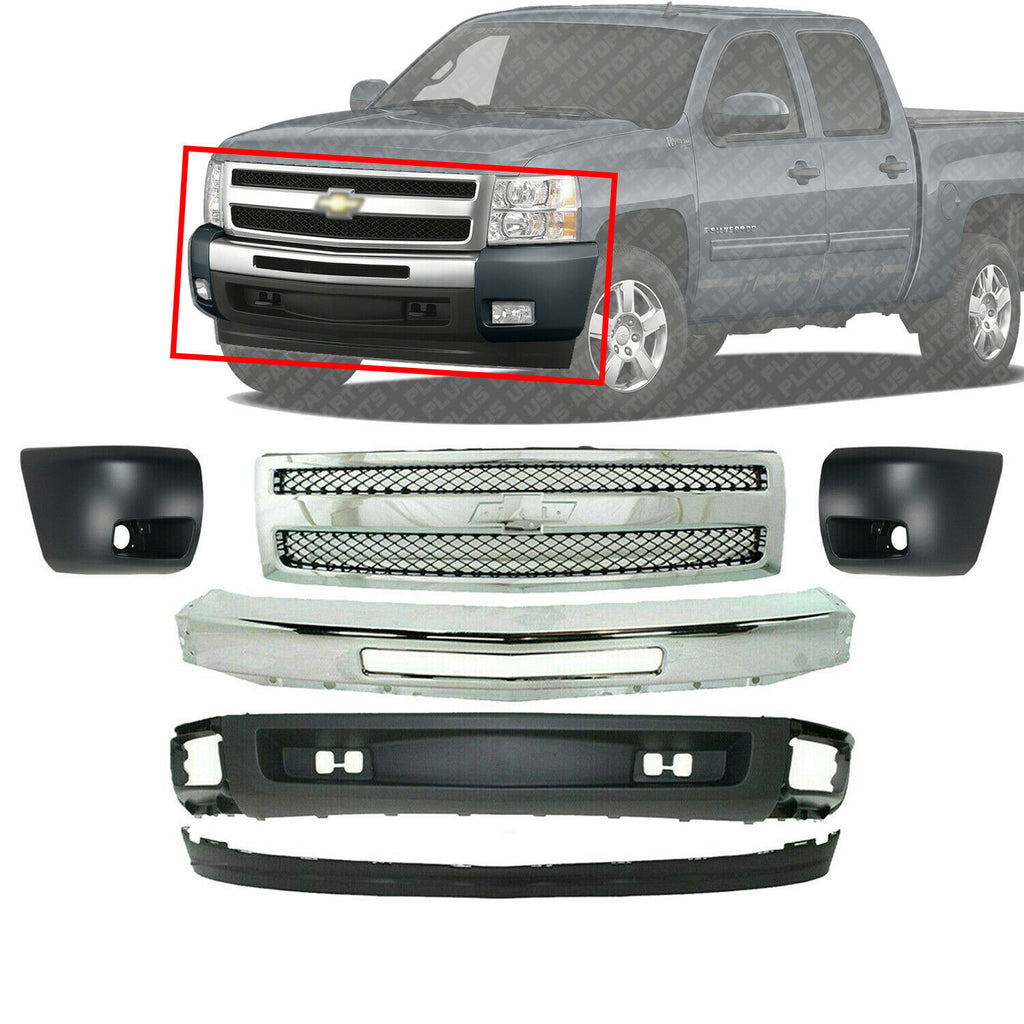 Front Bumper Chrome + Grille + Valance + End Caps For 2007-2013 Silverado 1500