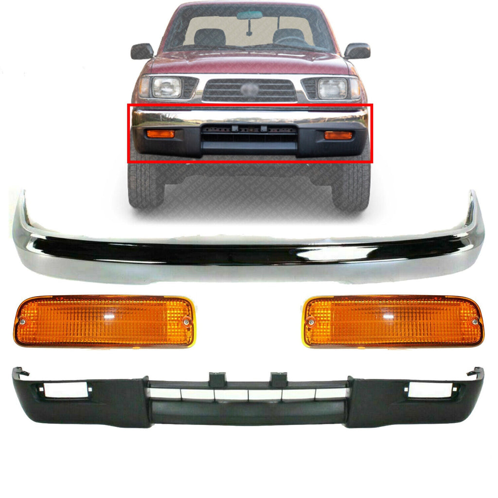 Front Bumper Chrome Steel + Lower Valance + Signal Lamps For 1995-97 Tacoma 4WD