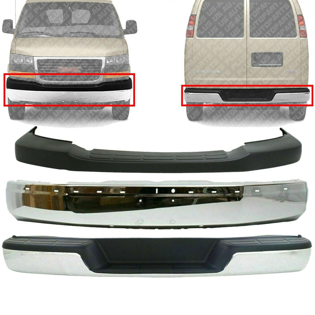 Front Bumper & Upper Cover+ Rear Bumper For 2003-2020 Chevy Express / GMC Savana
