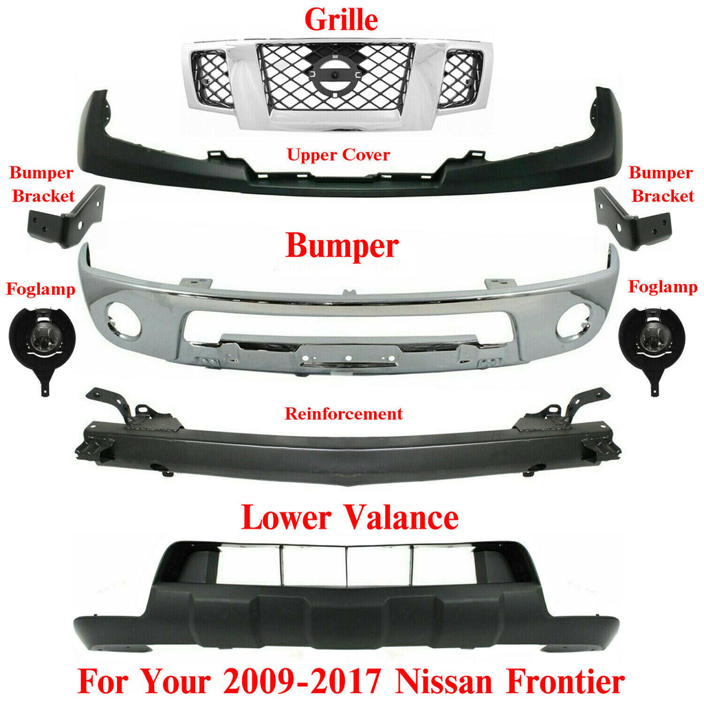 Front Bumper Chrome+ upper Cover+Lower Valance Kit For 2009-2017 Nissan Frontier