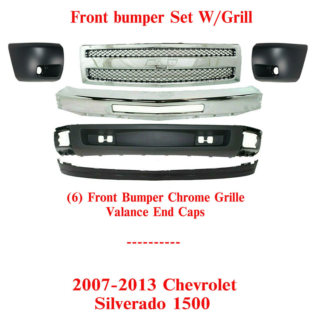 Front Bumper Chrome + Grille + Valance + End Caps For 2007-2013 Silverado 1500