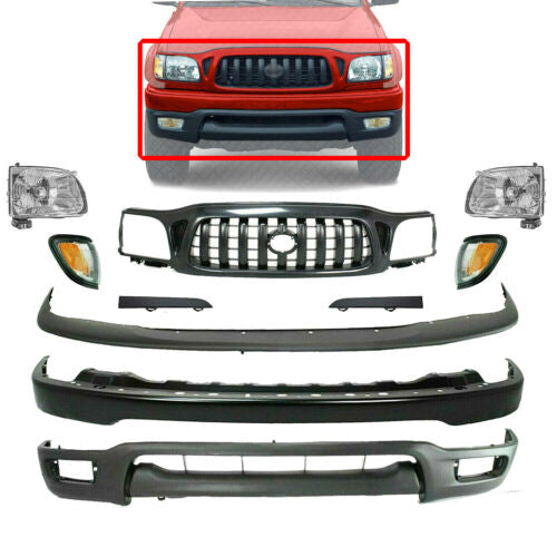 Front Primed Bumper Kit + Grille + Head Lights For 2001-2004 Toyota Tacoma 4WD