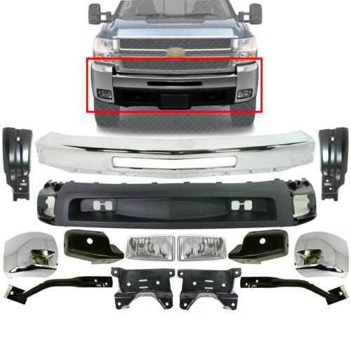 Front Bumper Chrome Kit With Brackets For 2007-2010 Silverado 2500HD 3500HD