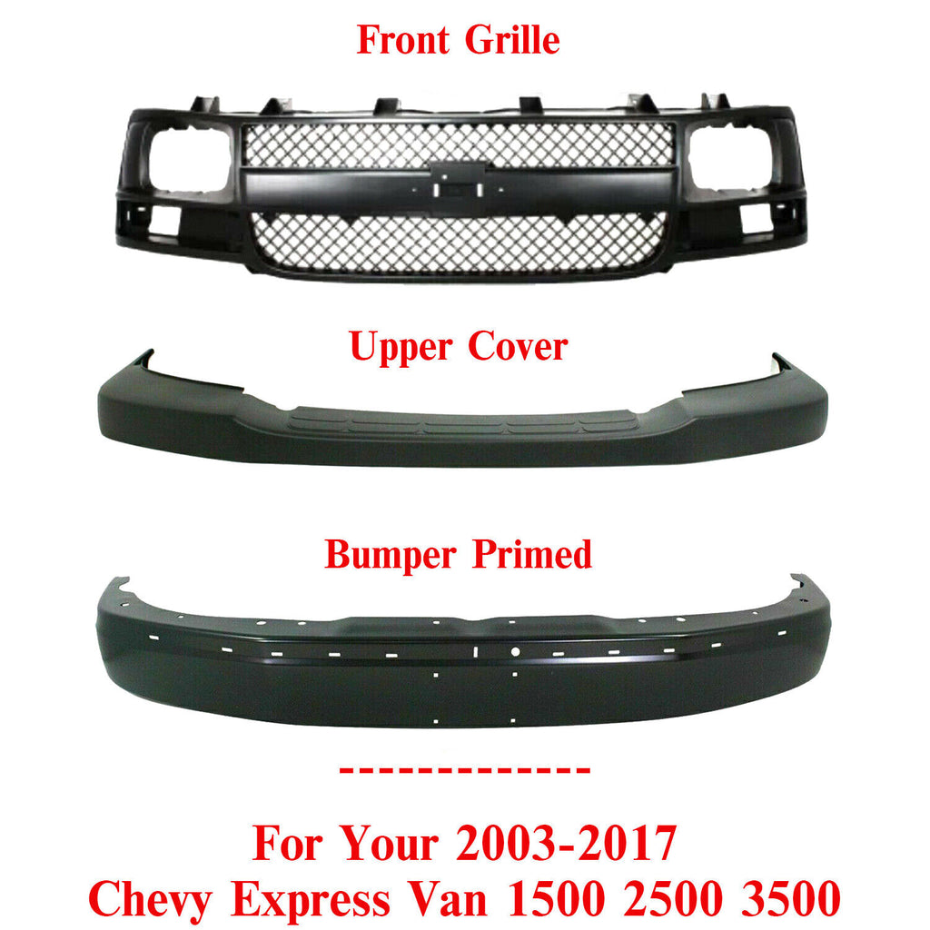 Front Bumper Primed + Upper Cover Textured + Grille For 03-17 Chevy Express Van