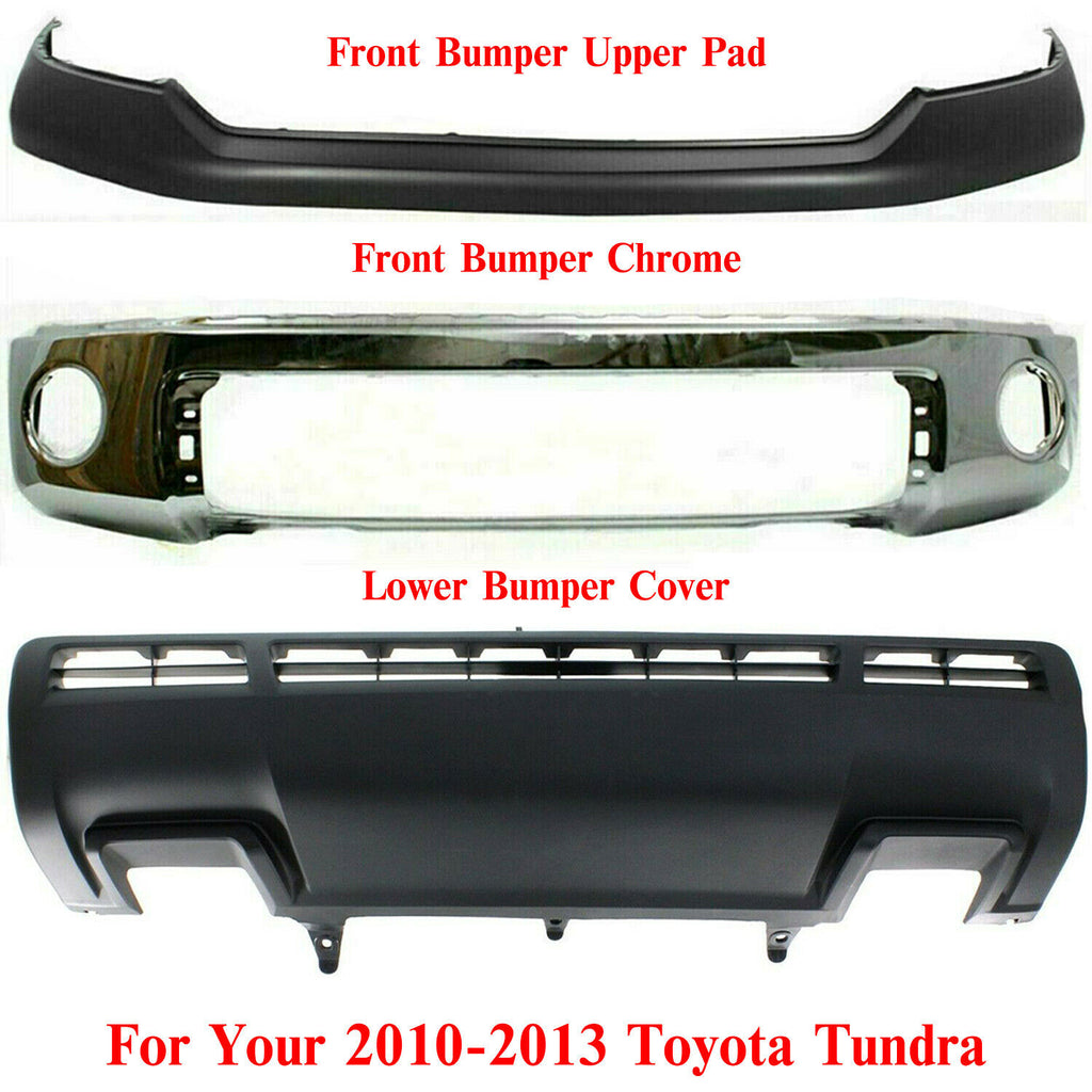 Front Bumper Chrome + Upper Cover + Lower Valance For 2010-2013 Toyota Tundra